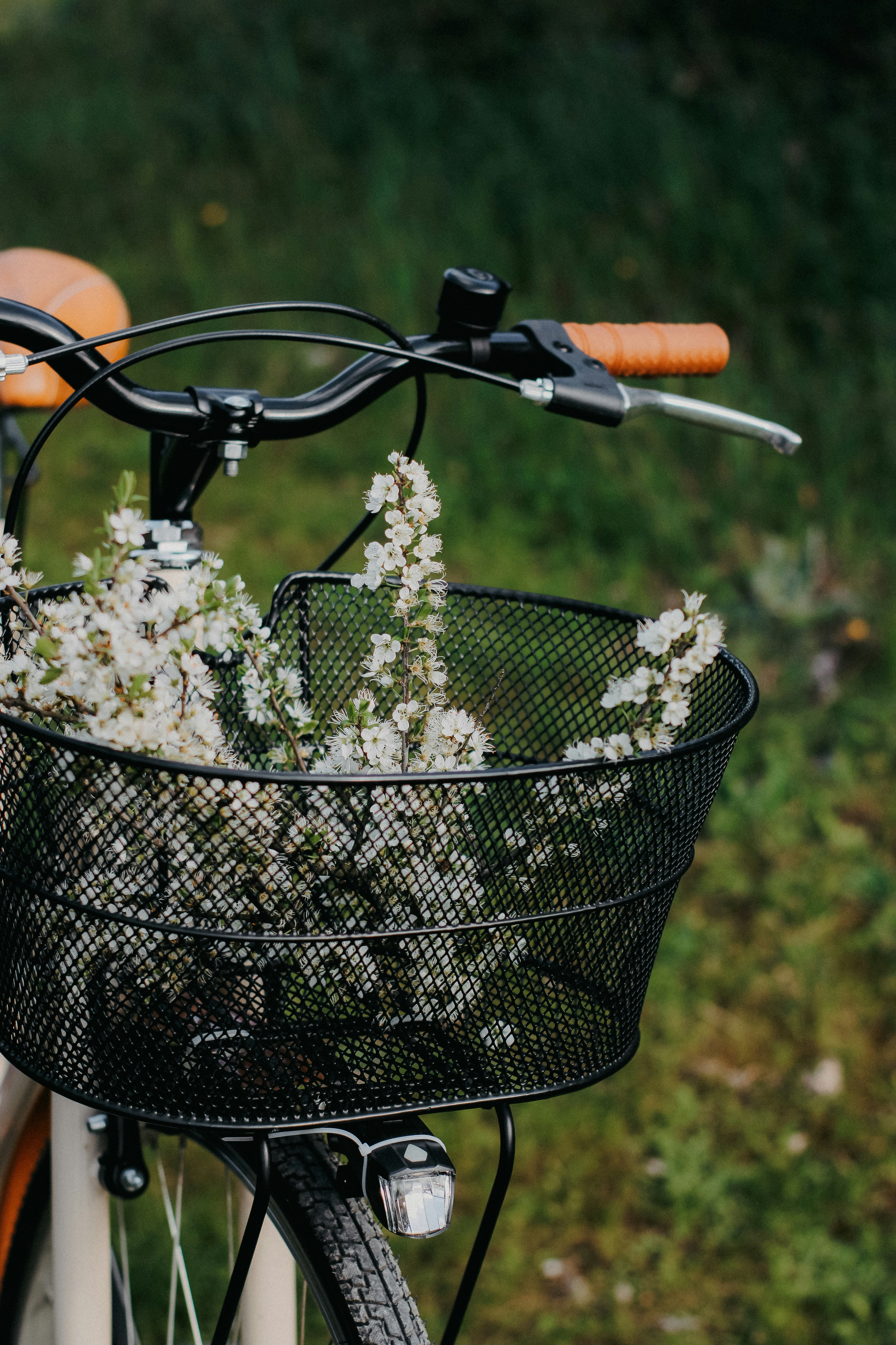 Schwarzer Fahrradkorb mit weißen Blumen