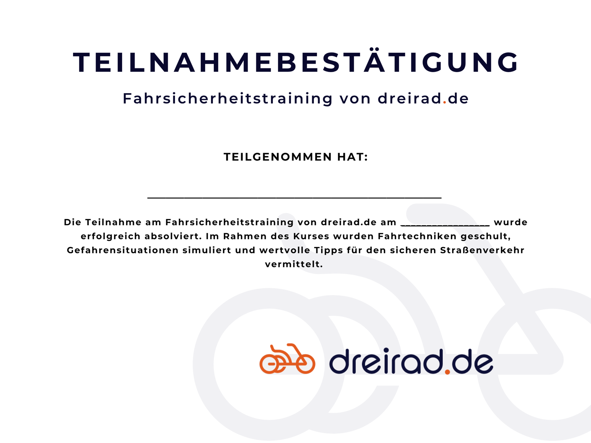 Teilnahmebestätigung/ Urkunde Fahrsicherheitstraining 