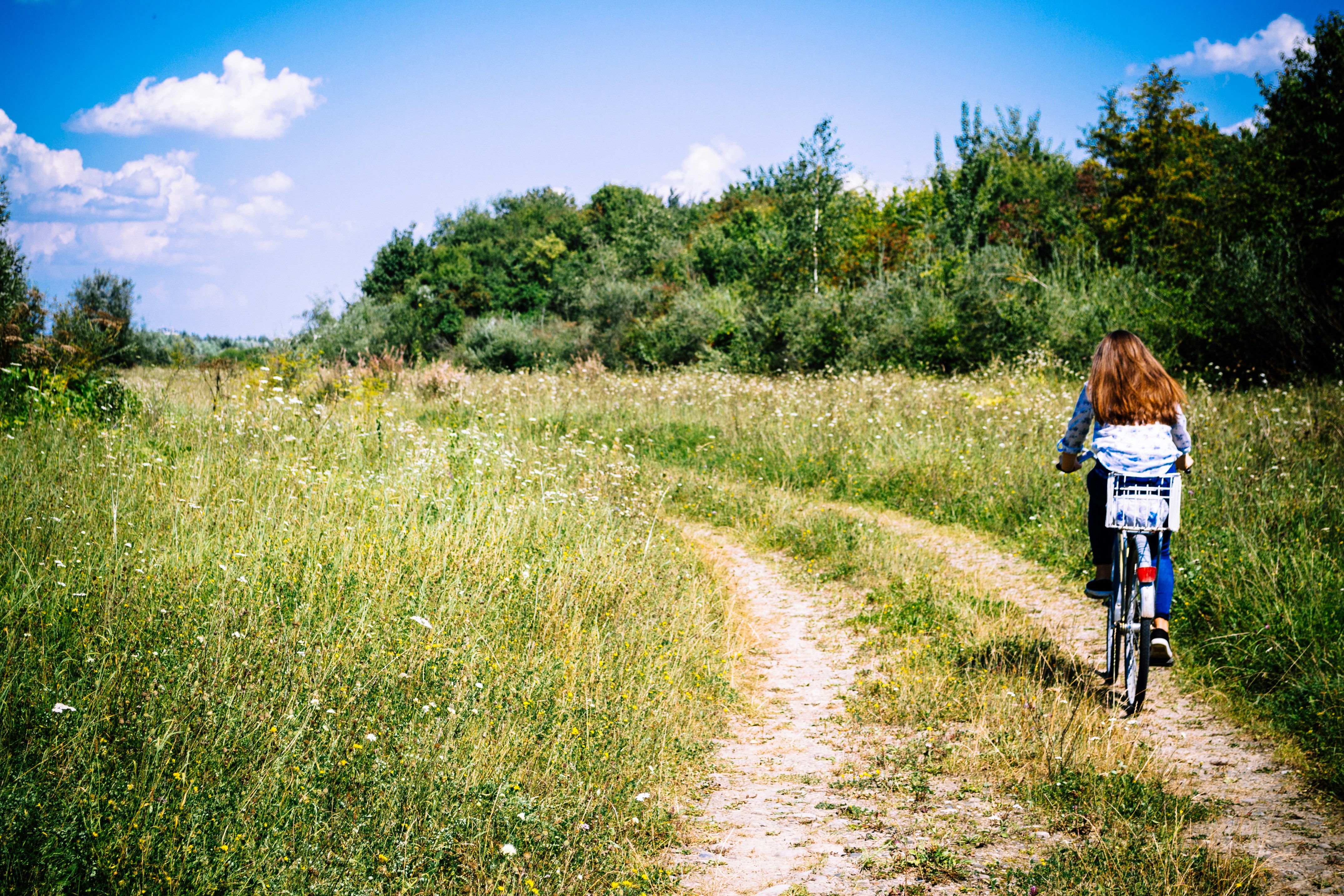 Frau fährt mit dem Fahrrad auf einem Feldweg durch eine grüne Wiesenlandschaft.