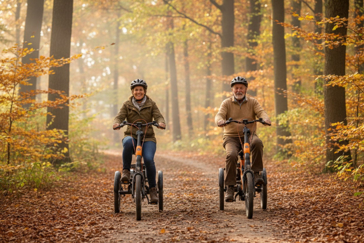 frau-mann-fahren-dreirad-im-wald